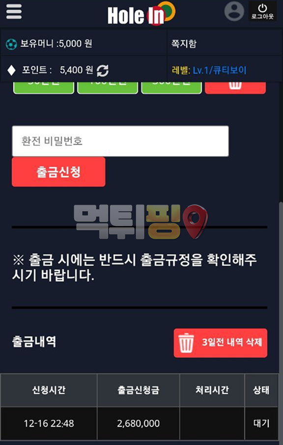 홀인 먹튀 확정 증거자료